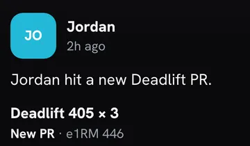 Crew timeline post: Jordan hit a new Deadlift PR. Deadlift 405 by 3. New PR, estimated one-rep max 446.